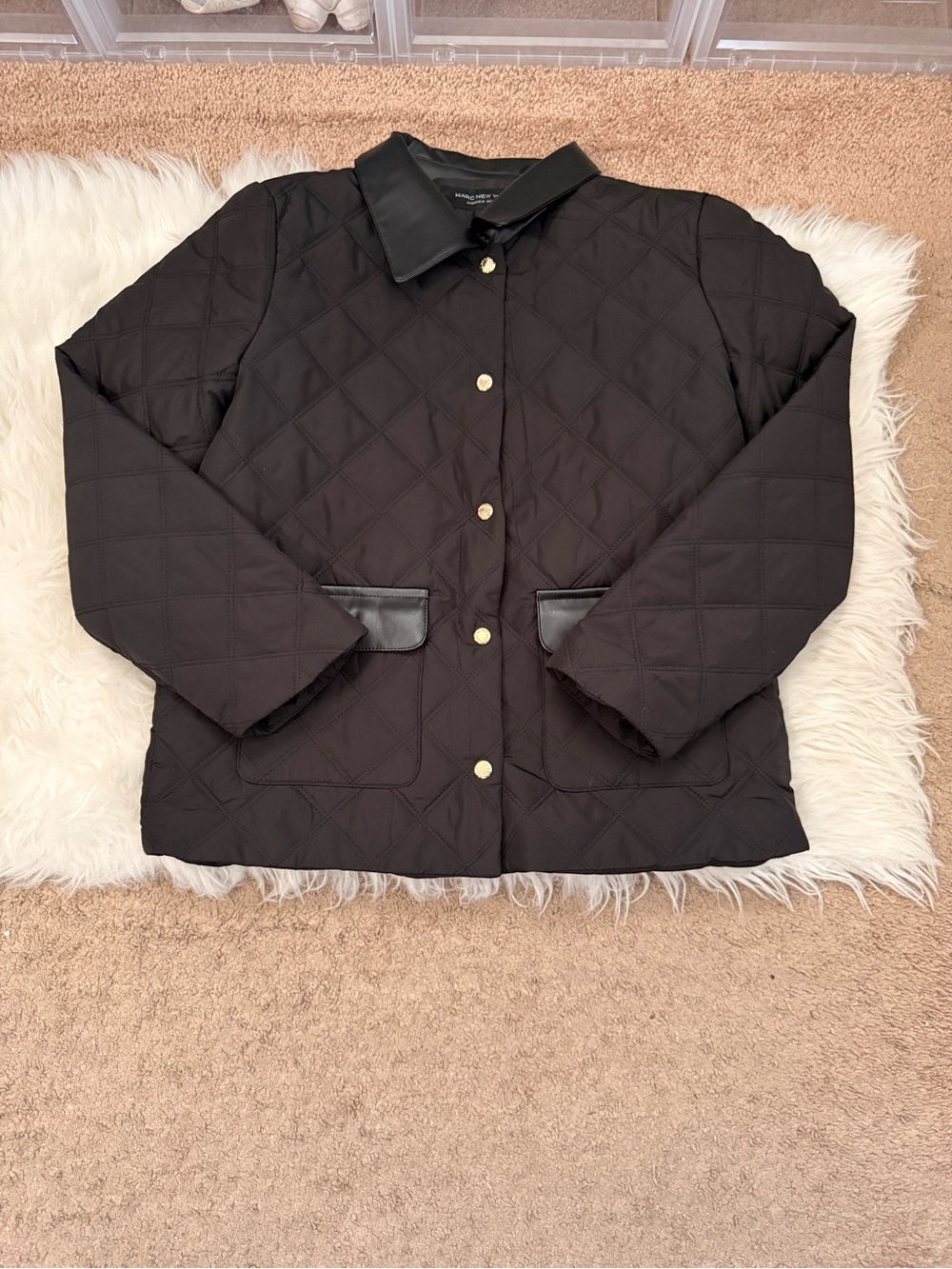 Quilted Black Puffer Jacket with Leather-Trim Collar